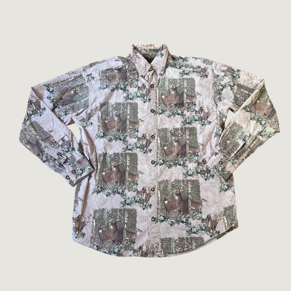 Woodland Trail Button Down Shirt Mens Tan Deer Wildlife Print Vintage SIZE M